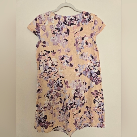 J. Jill Love Linen Floral Short Sleeve Dress purple and cream | Small Petite - Picture 5 of 5